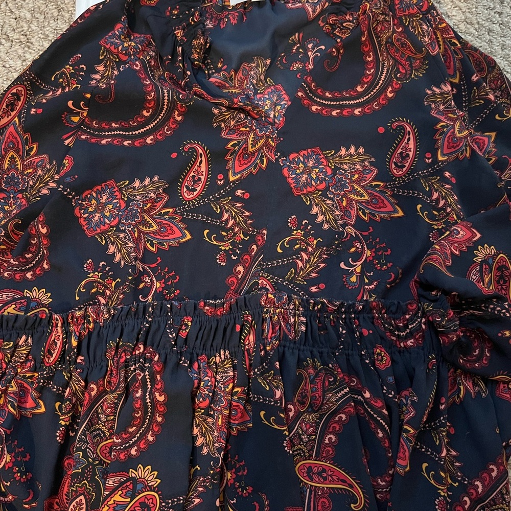 LOFT Red and Orange Smocked Long Sleeve Blouse